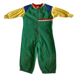 Vintage Sears Medium Infant Corduroy Jumpsuit Romper Green Rainbow Stripes USA